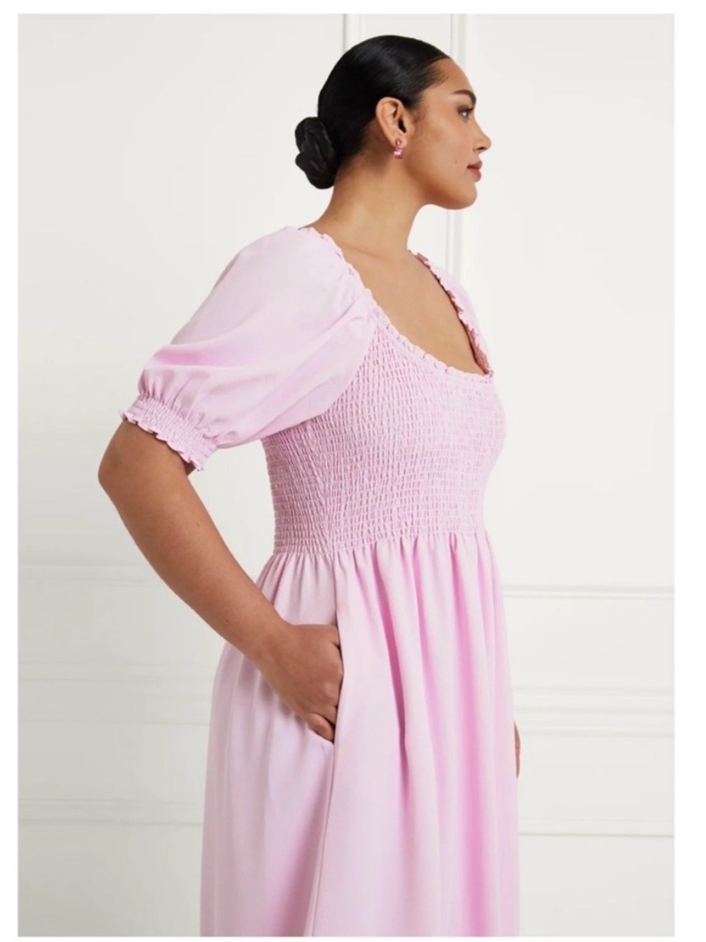 Hill House Home Louisa Nap Midi Dress Pink Smocked Puff Sleeve Size L - Picture 3 of 10